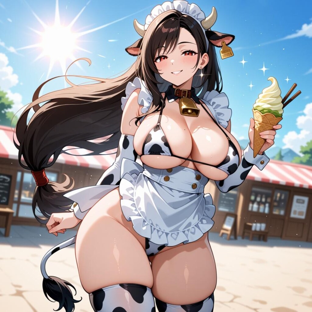 ソフトクリーム屋牛メイドコスプレ人妻＆水彩フルーツソフト