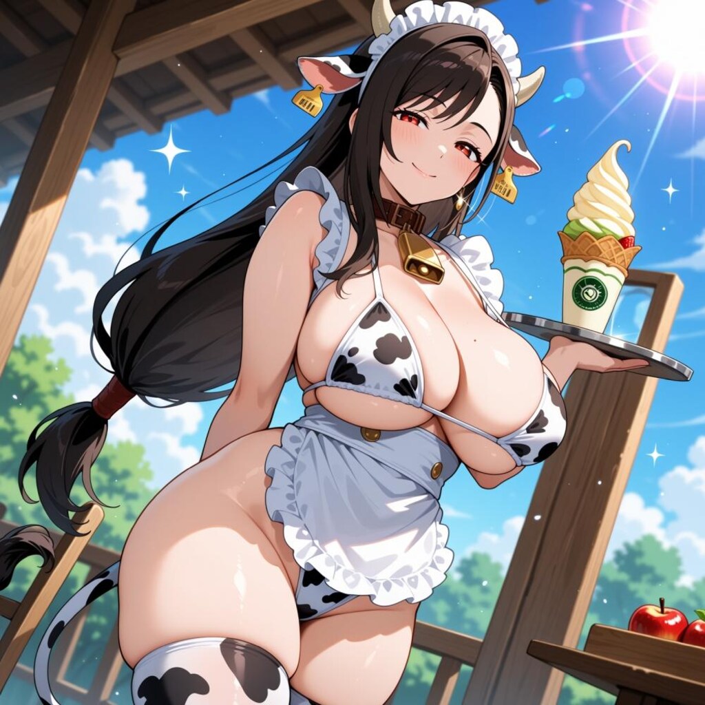 ソフトクリーム屋牛メイドコスプレ人妻＆水彩フルーツソフト