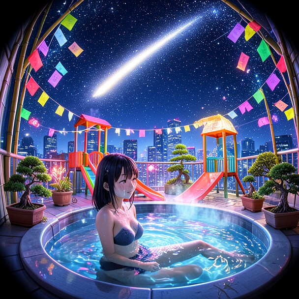 ５　七夕祭りの夜、天の川を見上げる少女