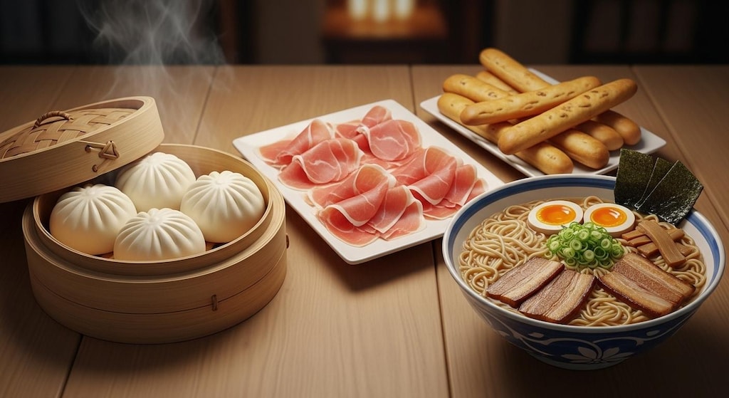 摩訶不思議食堂の豚まんとスティックパンと生ハムとラーメンのセット