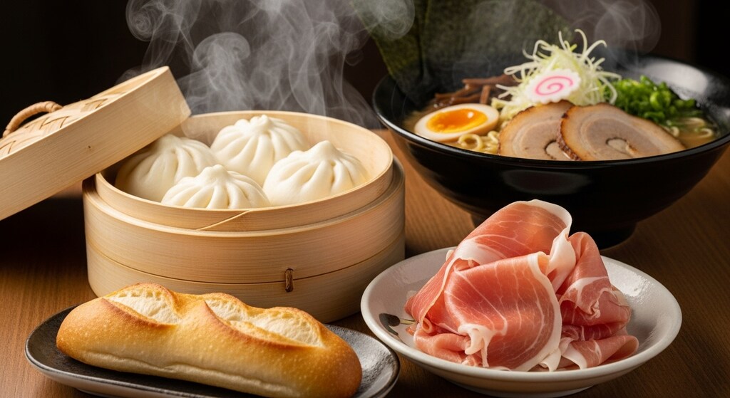 摩訶不思議食堂の豚まんとスティックパンと生ハムとラーメンのセット