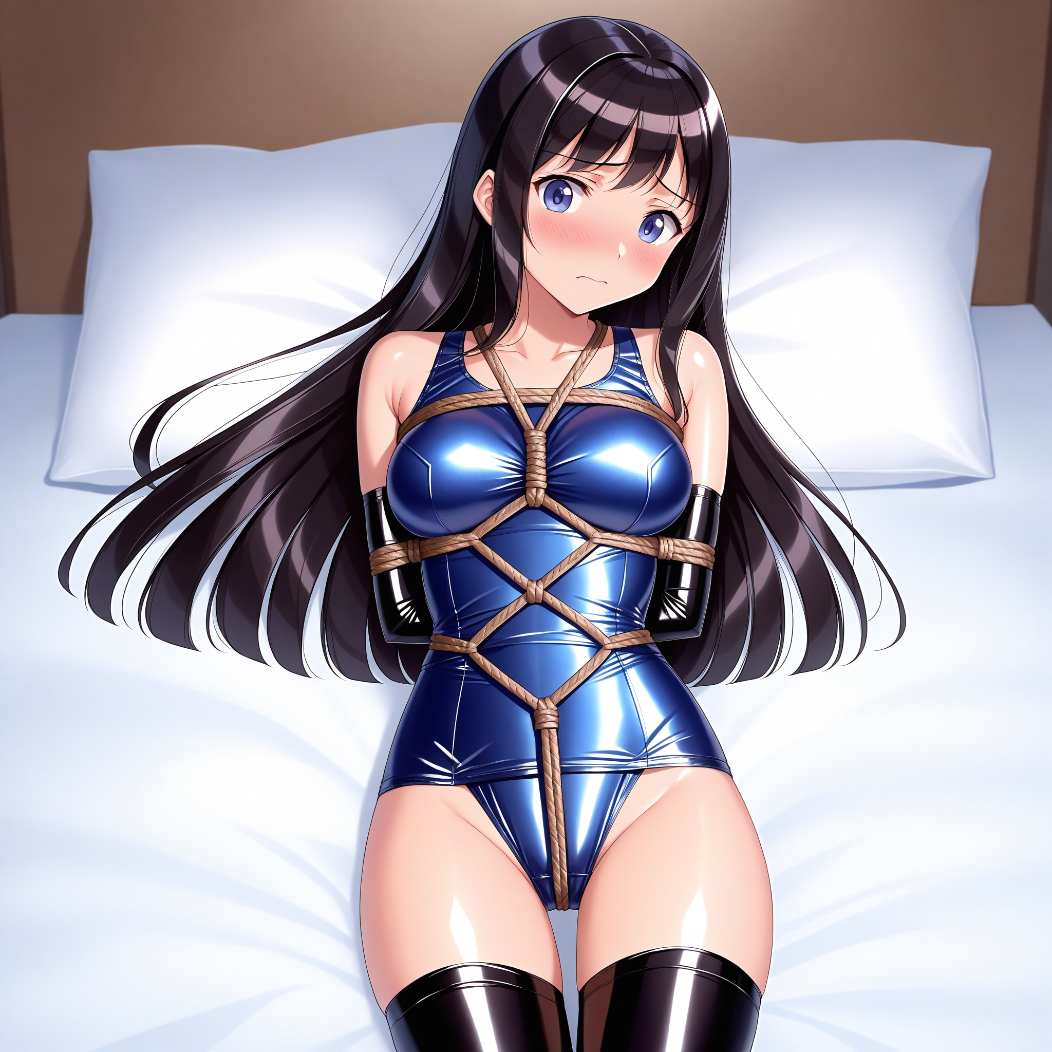 紺旧型スクール水着黒長手袋サイハイソックス緊縛