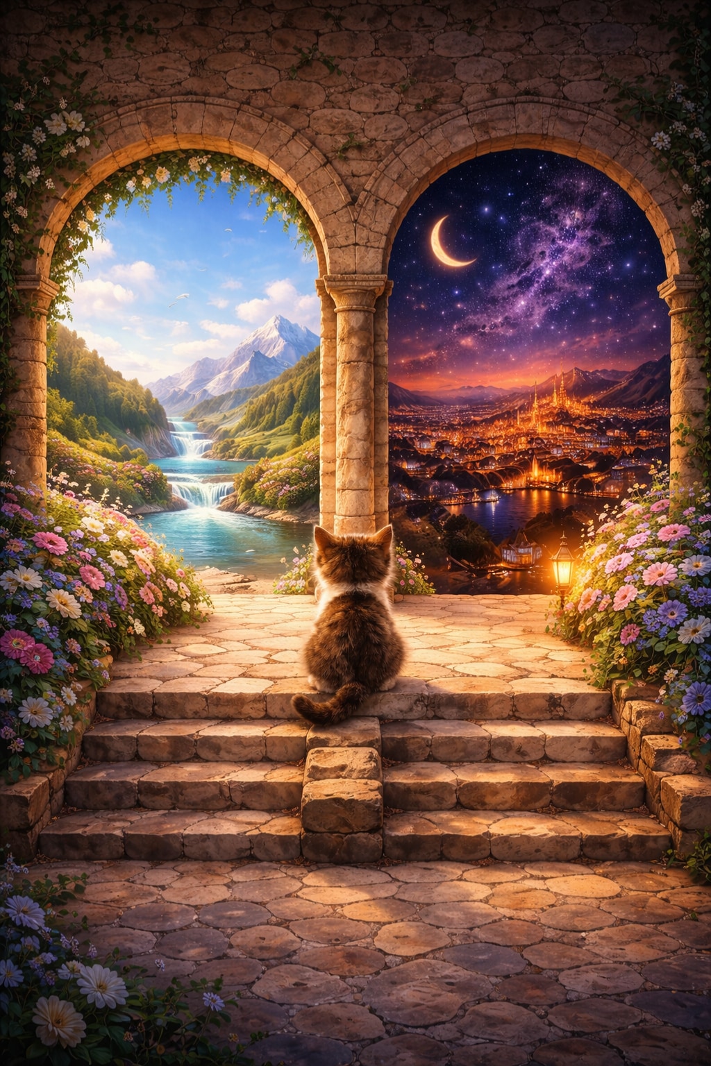 光の朝と、星降る夜のパノラマ | の人気AIイラスト・グラビア