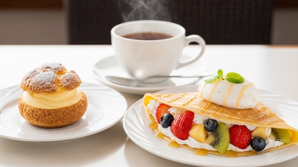 デザートのシュークリームとクレープのセット