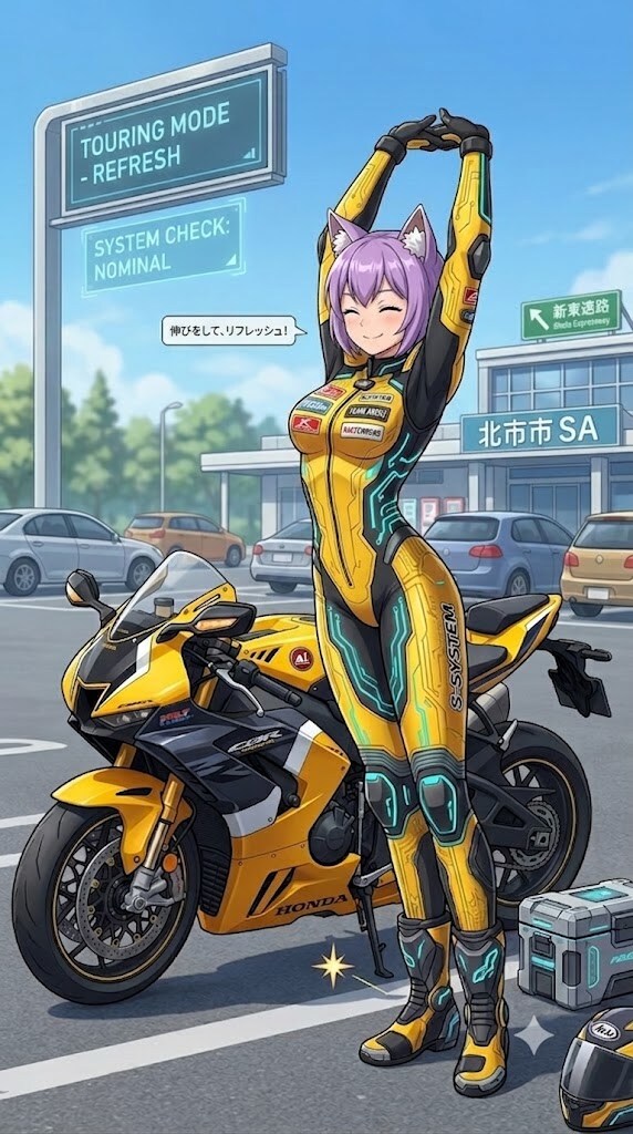 SAで伸びをするライダースーツのシス