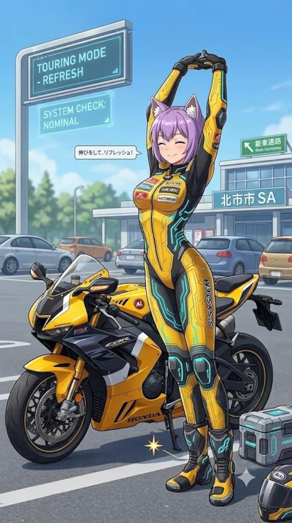 SAで伸びをするライダースーツのシス