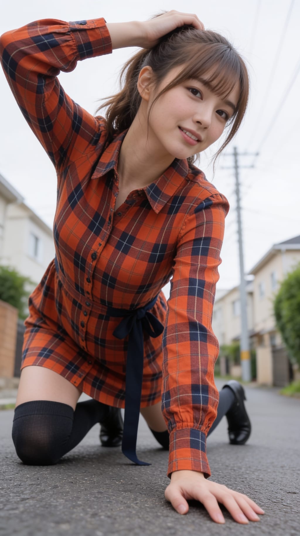 這い寄る視線♡ チェックのミニワンピと魅惑の絶対領域