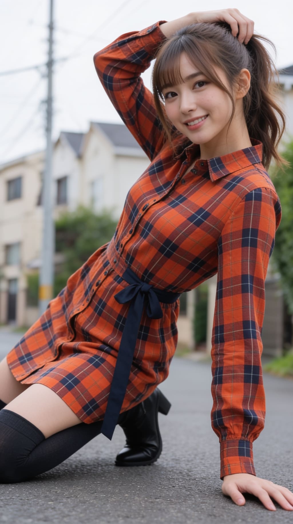 這い寄る視線♡ チェックのミニワンピと魅惑の絶対領域