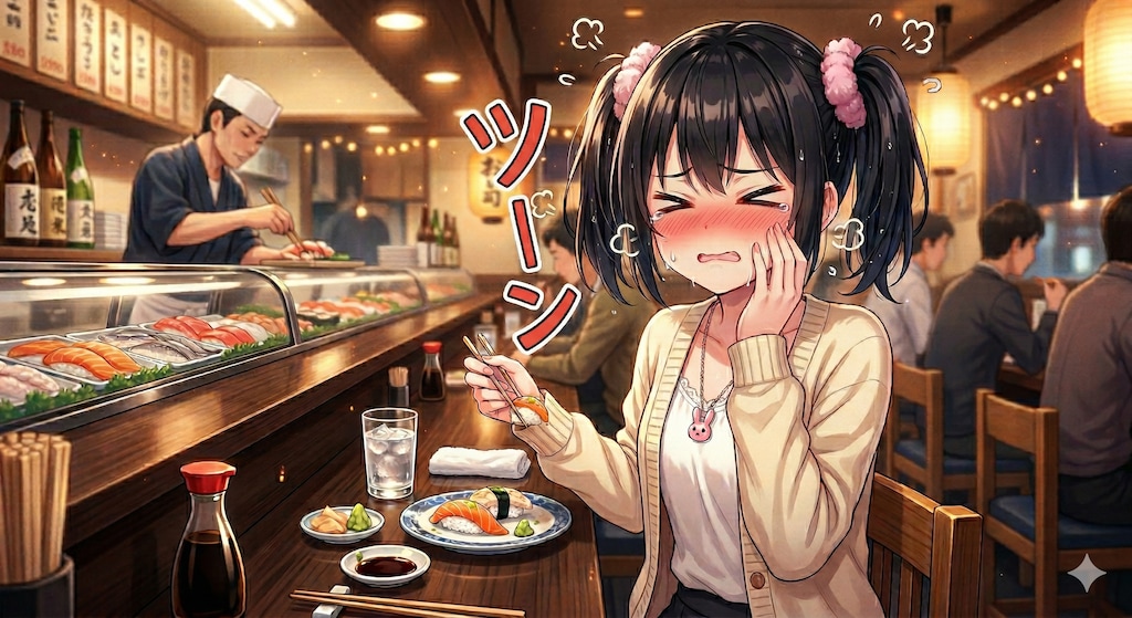 お寿司屋さんで涙するアケちゃん🍣