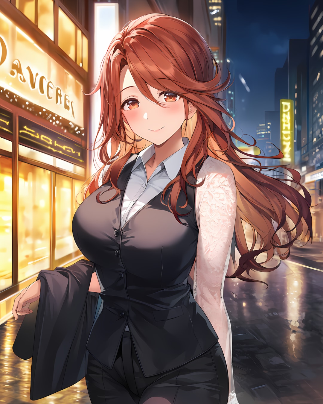 🌃雨上がりの夜街✨ロングジレでお洒落なノノカ | の人気AIイラスト・グラビア