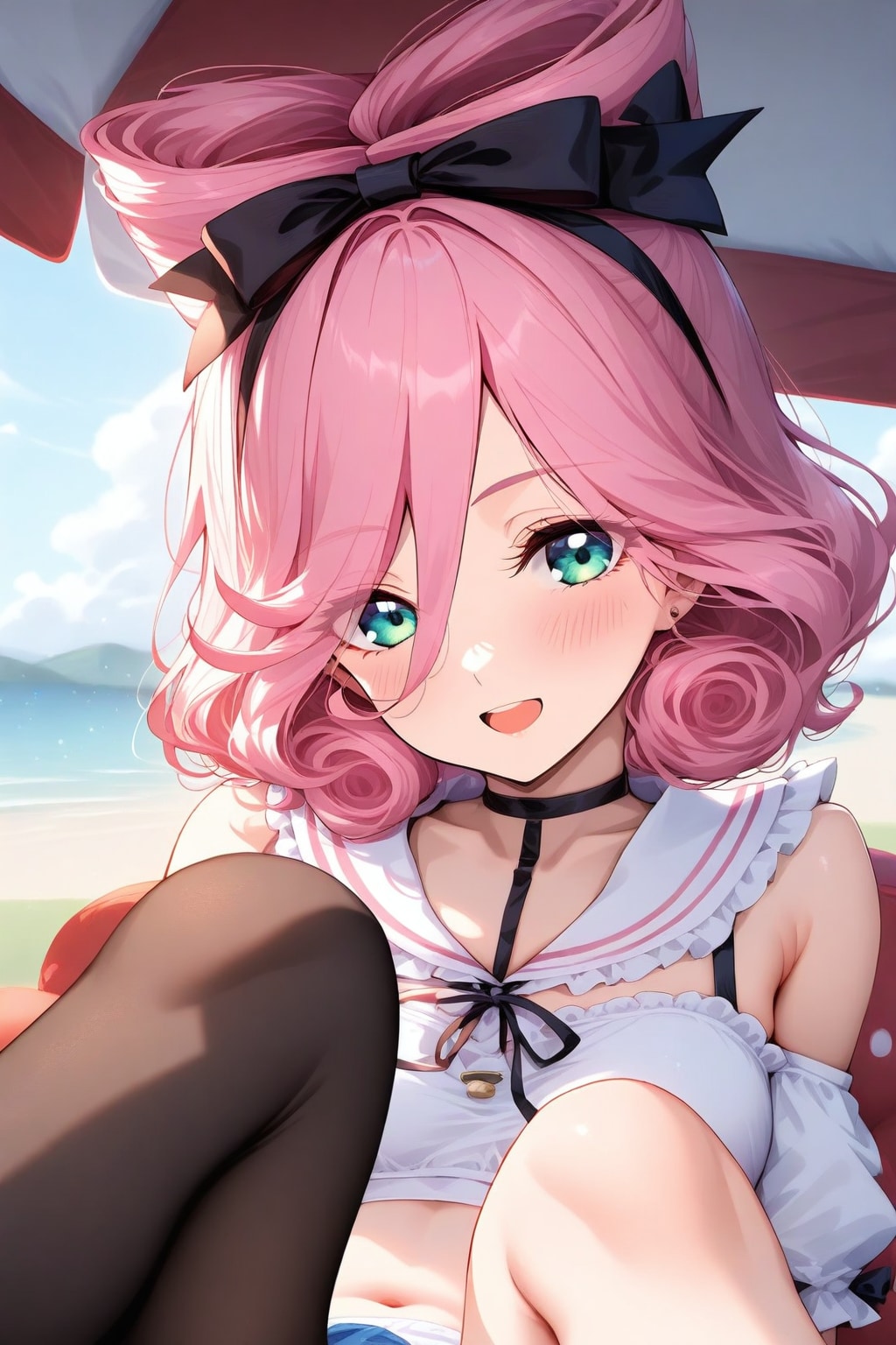 パラソル下でくつろぐ桃髪黒リボンの女の子 | の人気AIイラスト・グラビア