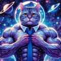アニメ＆油絵風、ネクタイの銀河ボディビルダー猫 6枚目