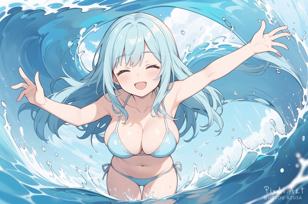 海辺で水のかけ合いっこ