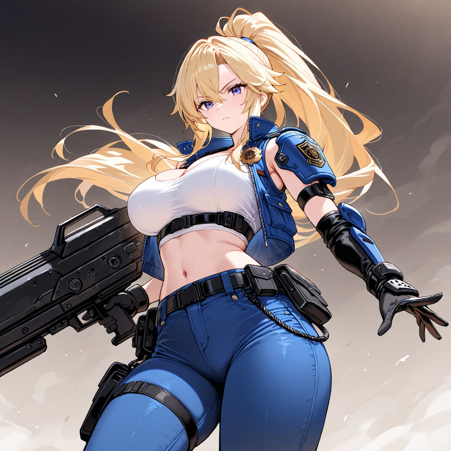 大きな銃で武装する警察官