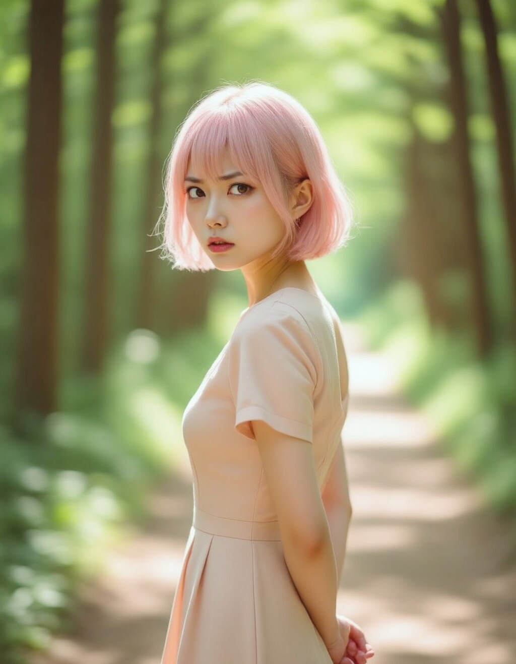 光の小径に佇む、淡紅の記憶 / Pale Pink Memory Standing on a Sunlit Path