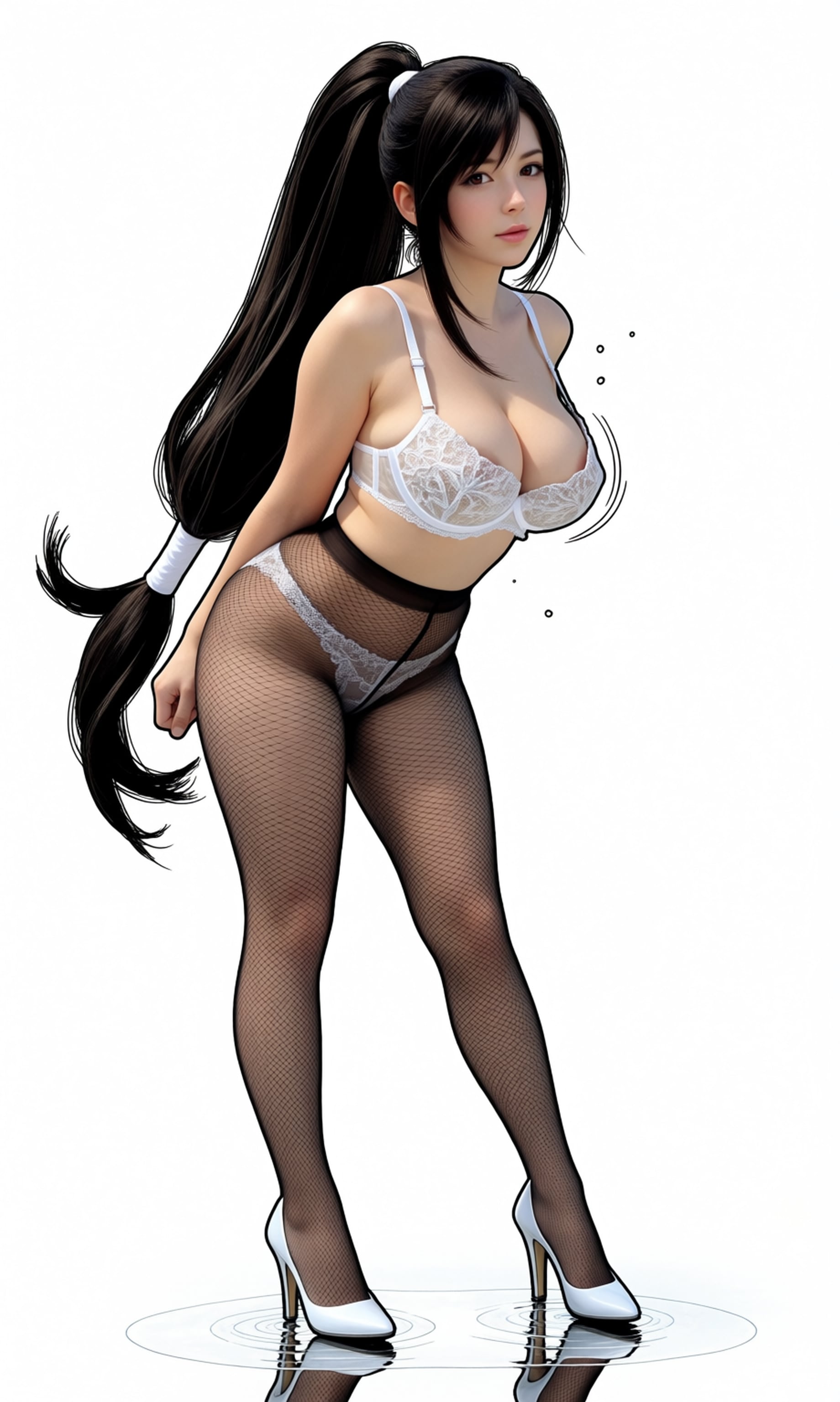 タイツ越しのパンツと透け乳首、白い下着のティファさん