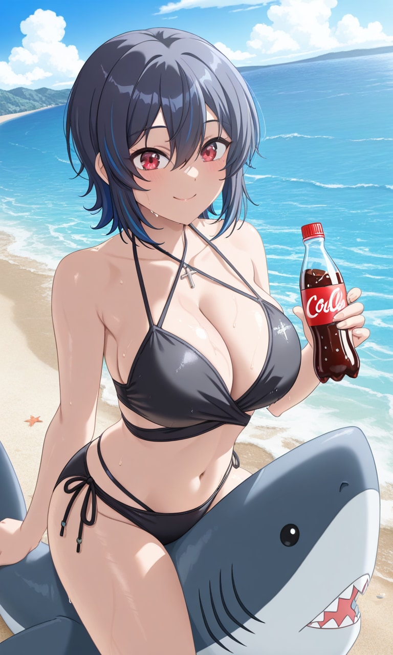PixAIで朝凪海のビキニとコーラと鮫浮き輪＆鮫との海水浴👙🏖️🦈❤️