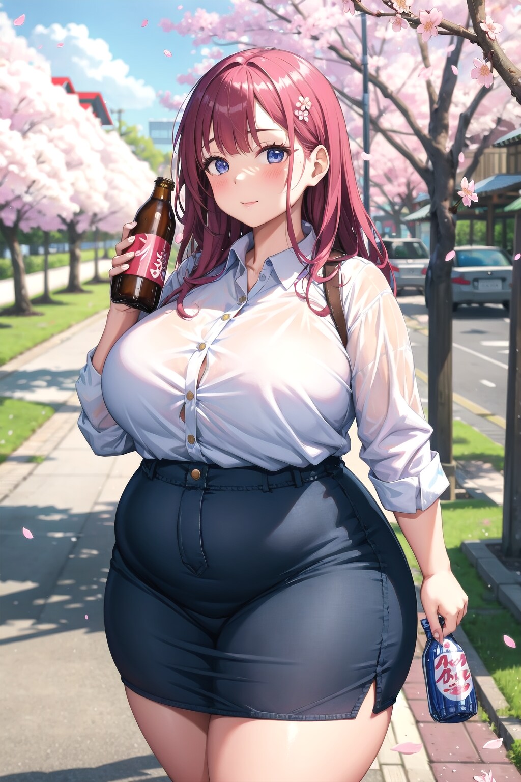 瓶ビールとラムネの瓶を持った肉感女子