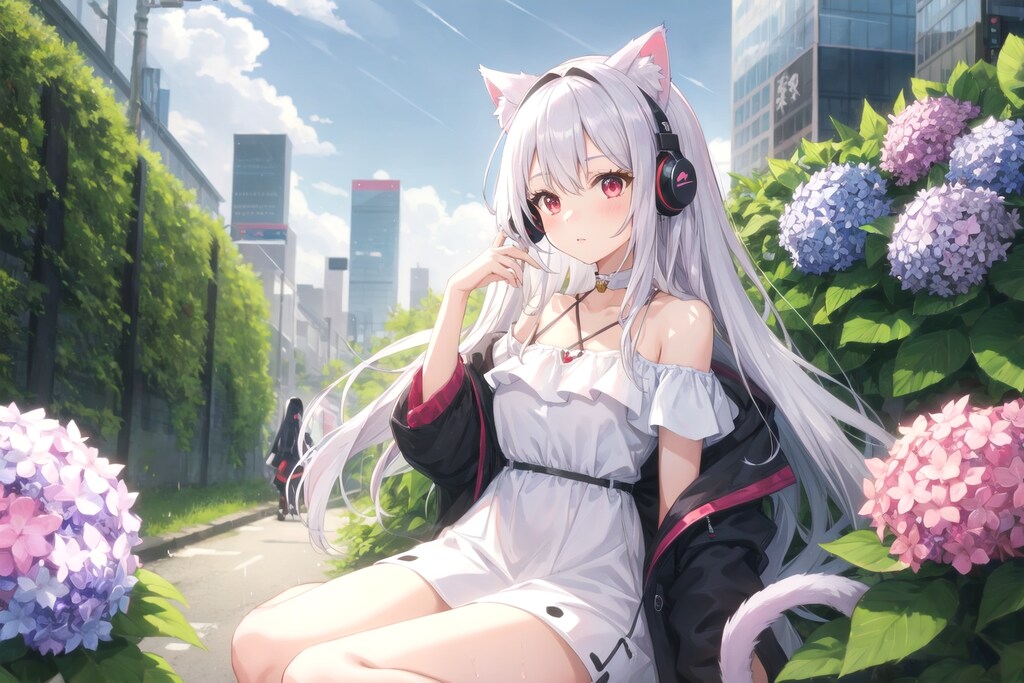 紫陽花のなかのヘッドフォン猫耳少女