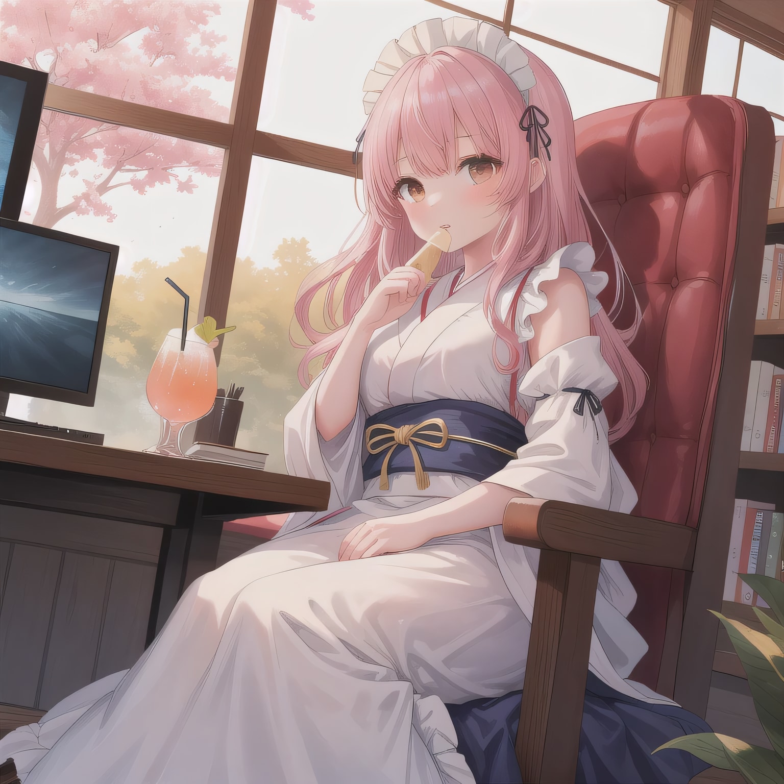 ピンク髪ロングで漫画喫茶の少女２ | の人気AIイラスト・グラビア