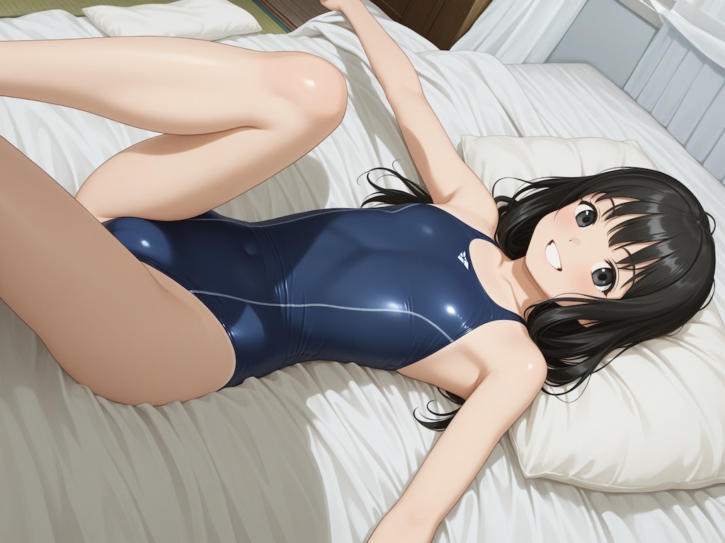 布団に横たわる、競泳水着の女の子