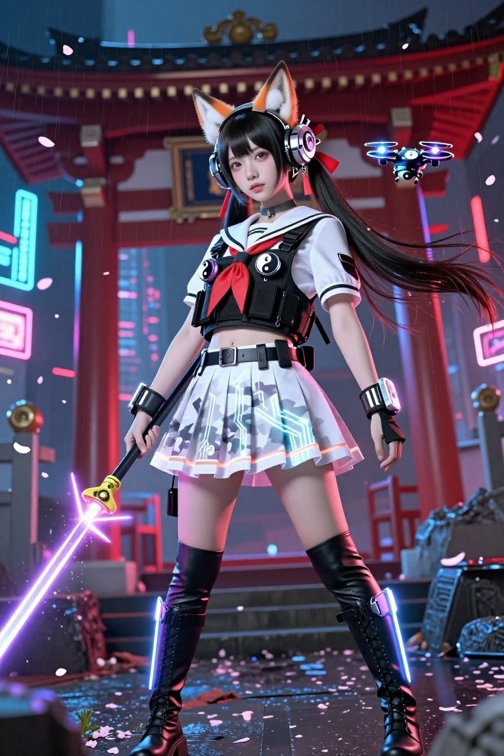 雨降る神社で光る狐剣士 ネオンきつね娘降臨