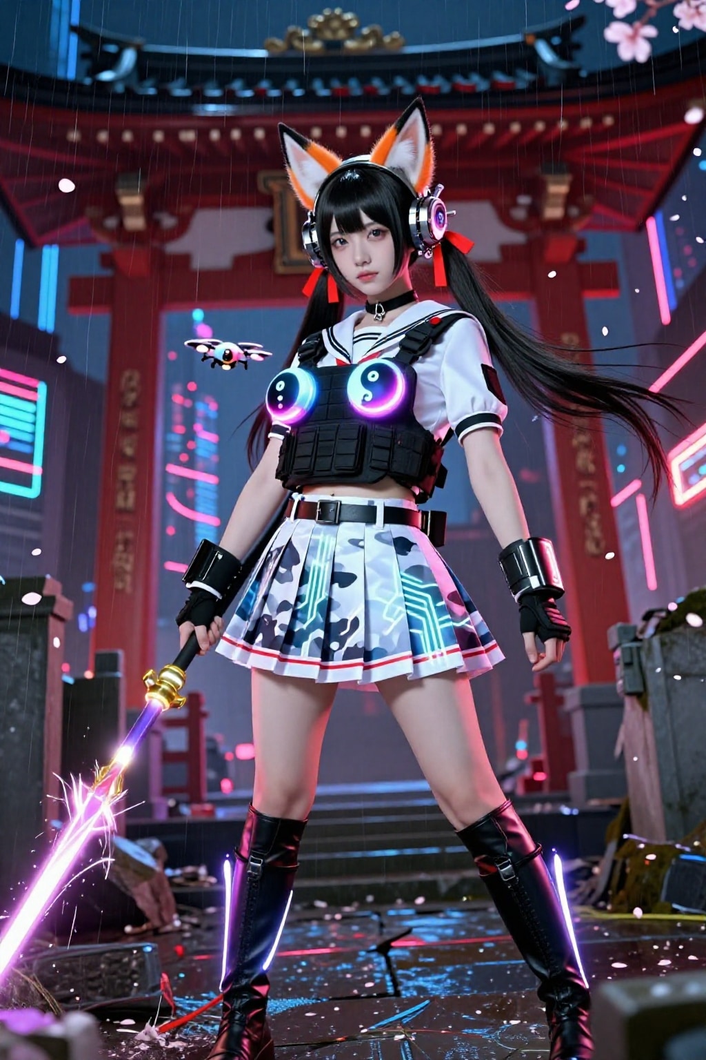 雨降る神社で光る狐剣士 ネオンきつね娘降臨