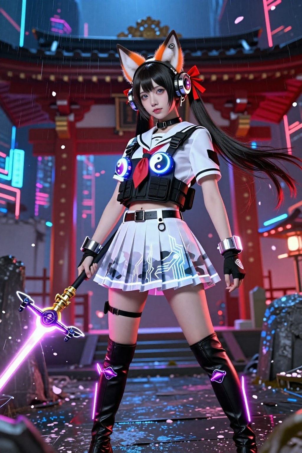 雨降る神社で光る狐剣士 ネオンきつね娘降臨