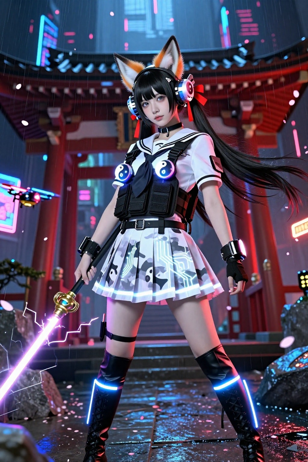 雨降る神社で光る狐剣士 ネオンきつね娘降臨