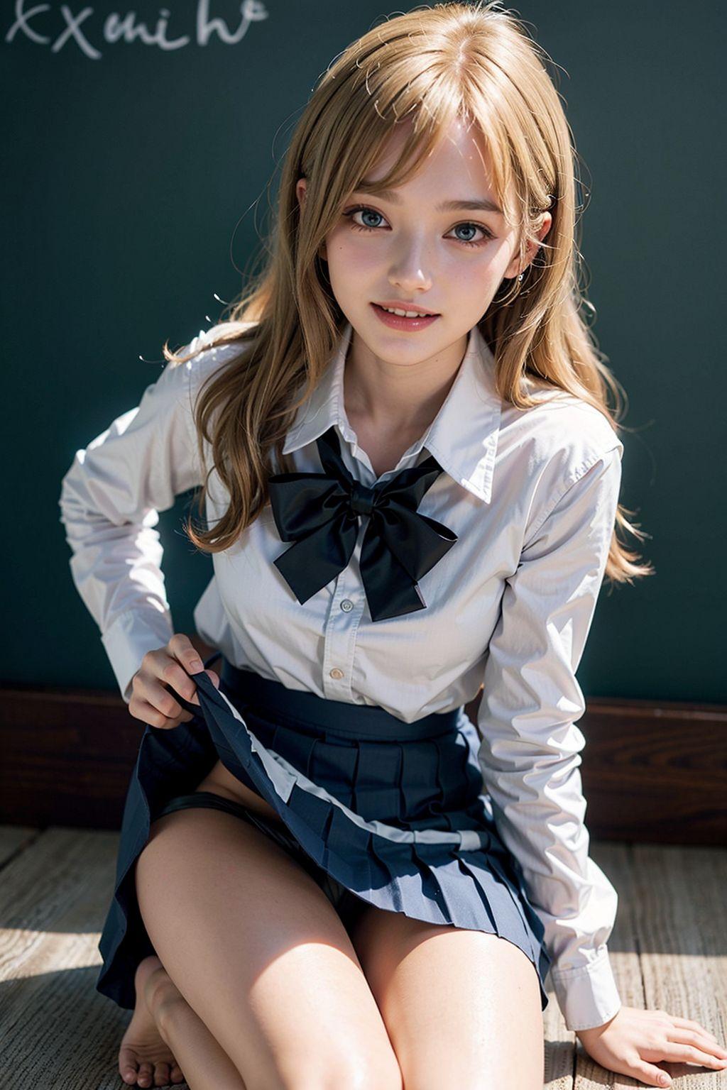 AIイラスト貧乳童顔　エロ画像　服ぺちゃん　女子校生コスプレ パンツ見せましょうか？のポーズ