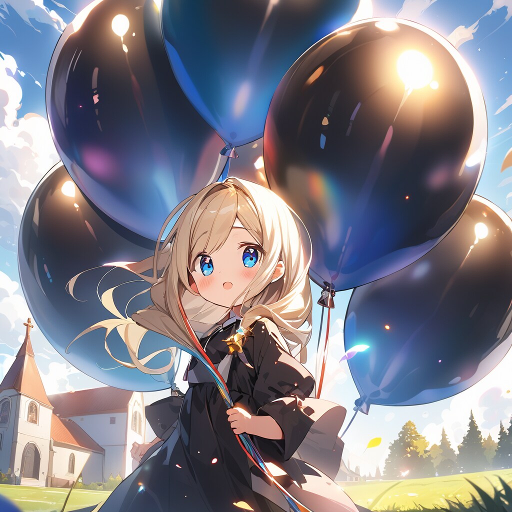 教会で黒い巨大風船を膨らませて遊ぶブロンドのシスター