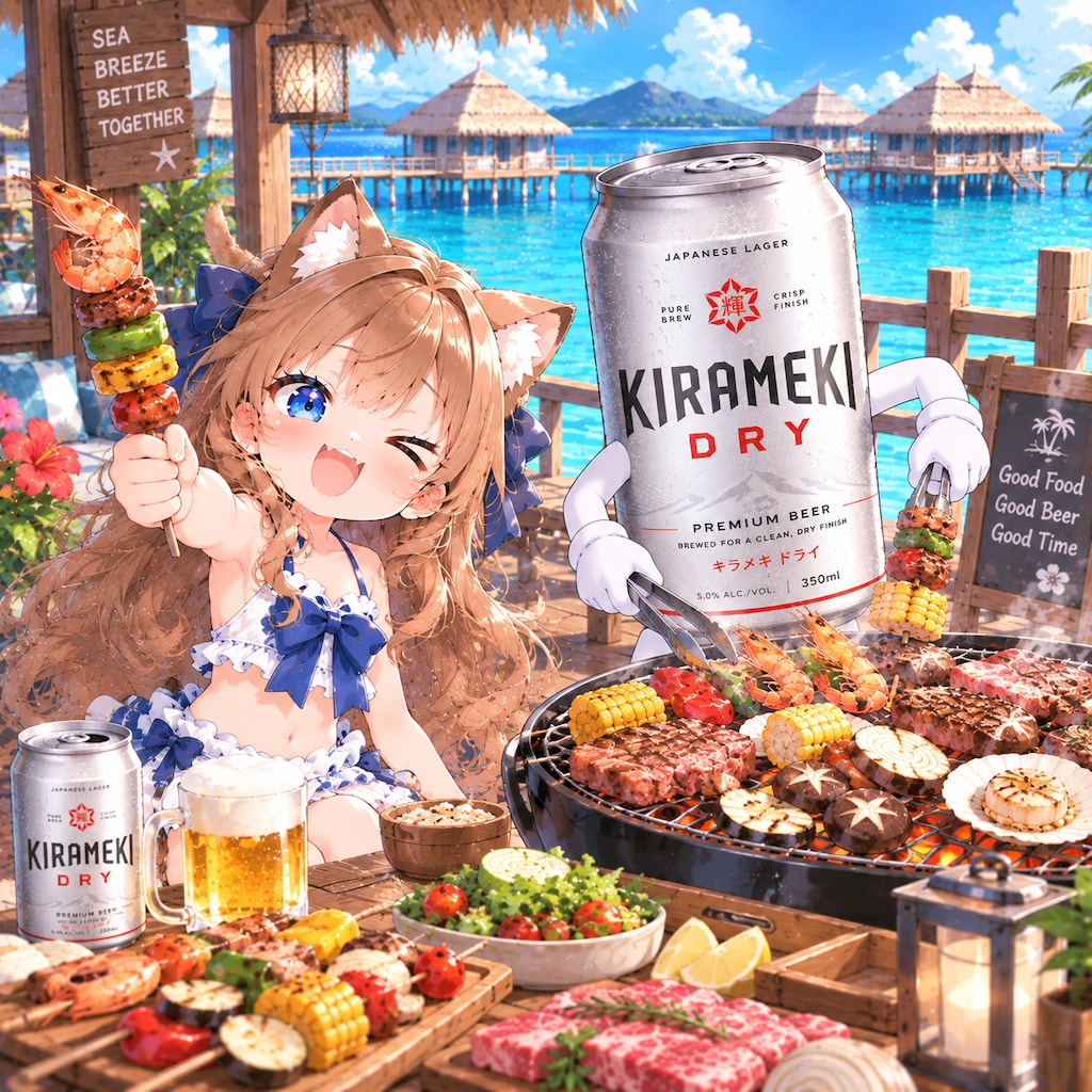 海のコテージでバーベキューをしてる小さな女の子