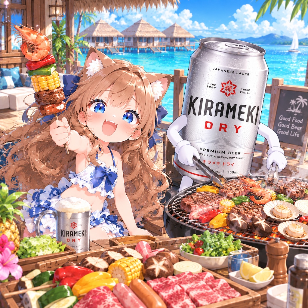 海のコテージでバーベキューをしてる小さな女の子