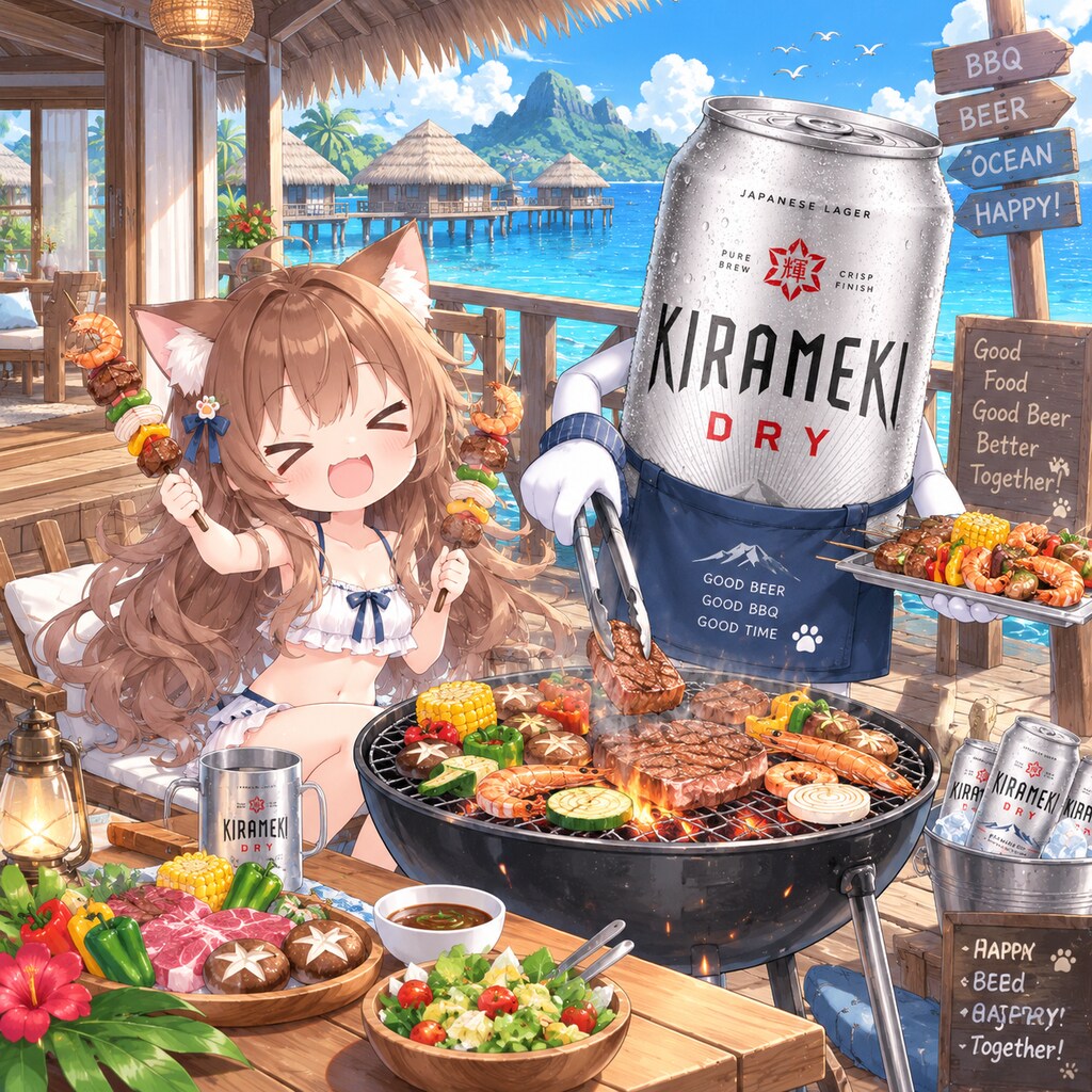 海のコテージでバーベキューをしてる小さな女の子