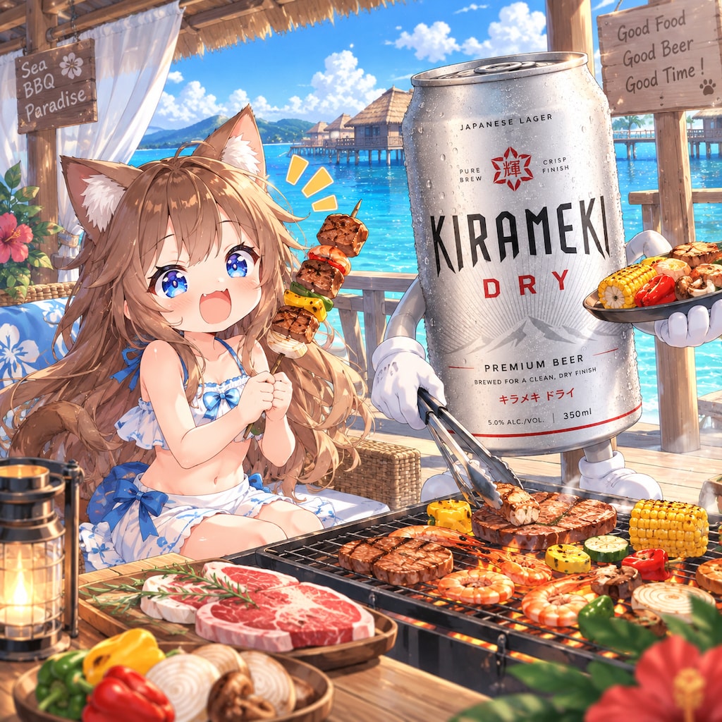 海のコテージでバーベキューをしてる小さな女の子