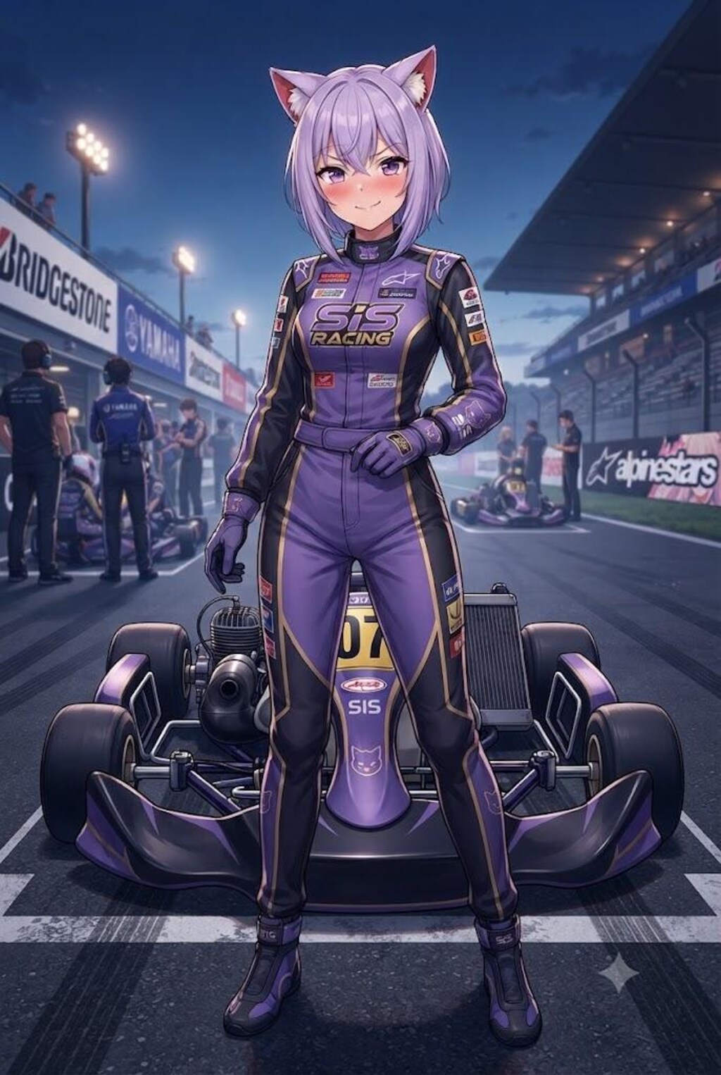 風に吹かれるライダースーツのシス