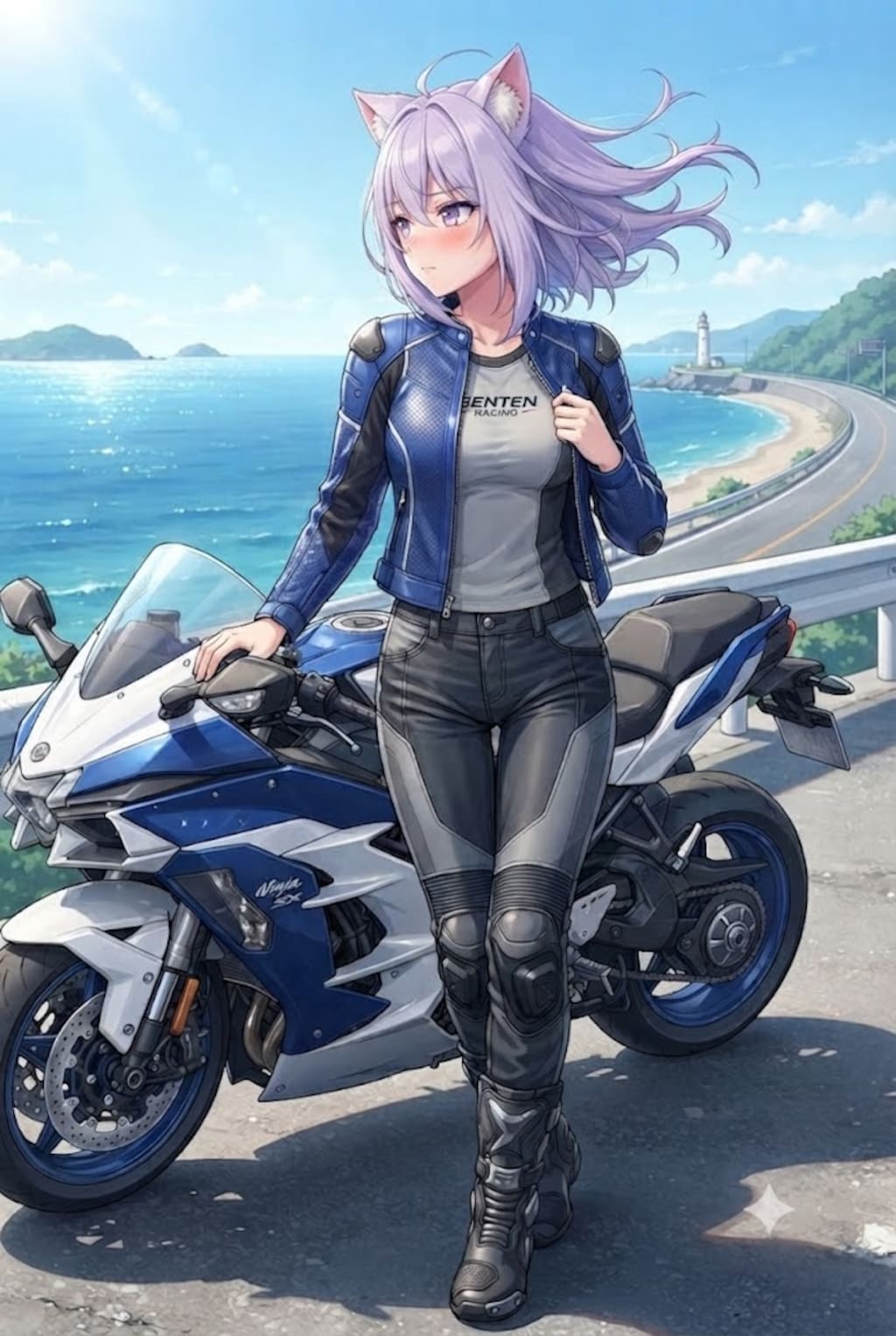 風に吹かれるライダースーツのシス