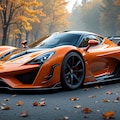 オレンジ色のカスタムスーパーカーと秋の紅葉 2枚目