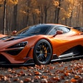 オレンジ色のカスタムスーパーカーと秋の紅葉 3枚目