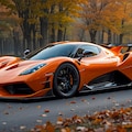 オレンジ色のカスタムスーパーカーと秋の紅葉 6枚目