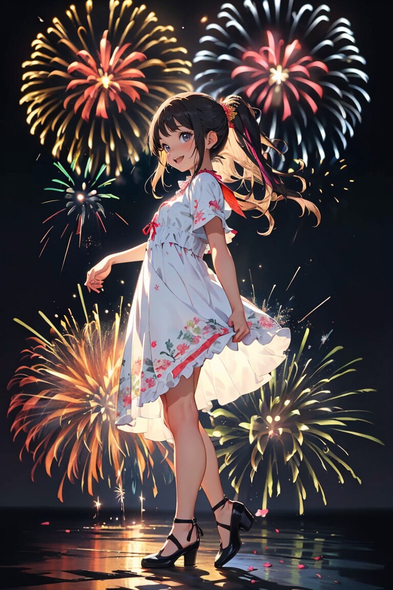 花火大会に来たドレスを着ている少女