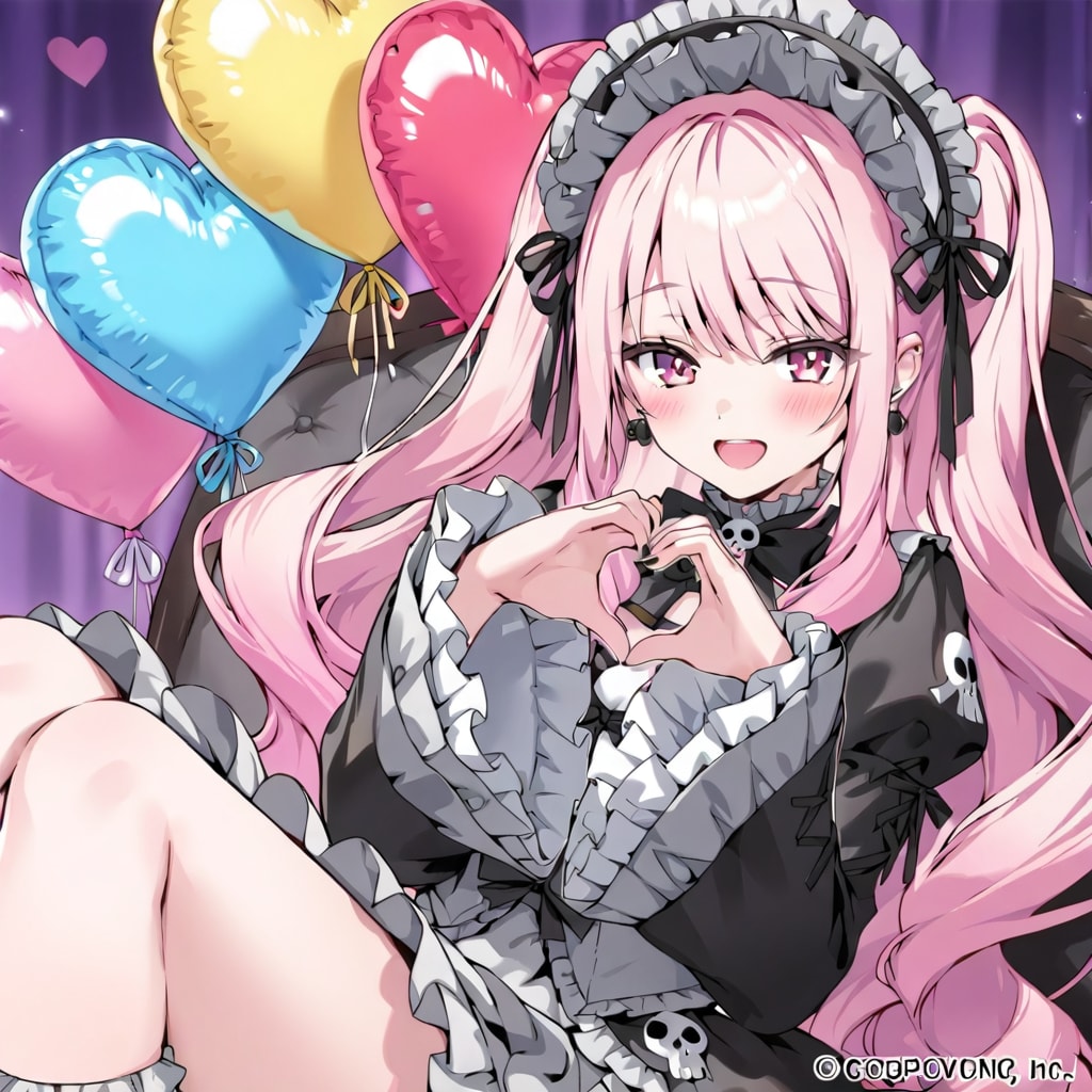 いっぱい色とりどりのハート風船を持つピンク髪ロングのゴスロリ衣装着た美少女