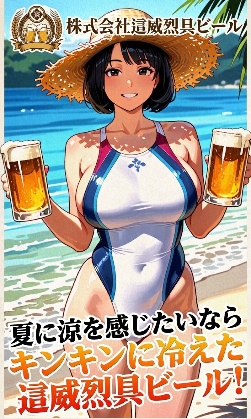架空ビールメーカー♪株式会社這威烈具（ハイレグ）ビールの水着っ娘販促ポスター♪（昔、居酒屋に貼ってあったあれｗ）