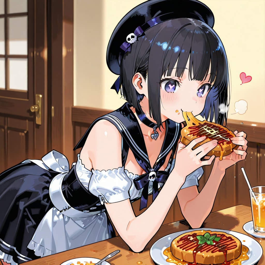 ゴシック風…？まあギリセーフだと思うドレスのドアに妙に近い場所で夜ごはんを食べる少女。帽子を被ったシャモとプロンプトにあるがログアウト中のようです。