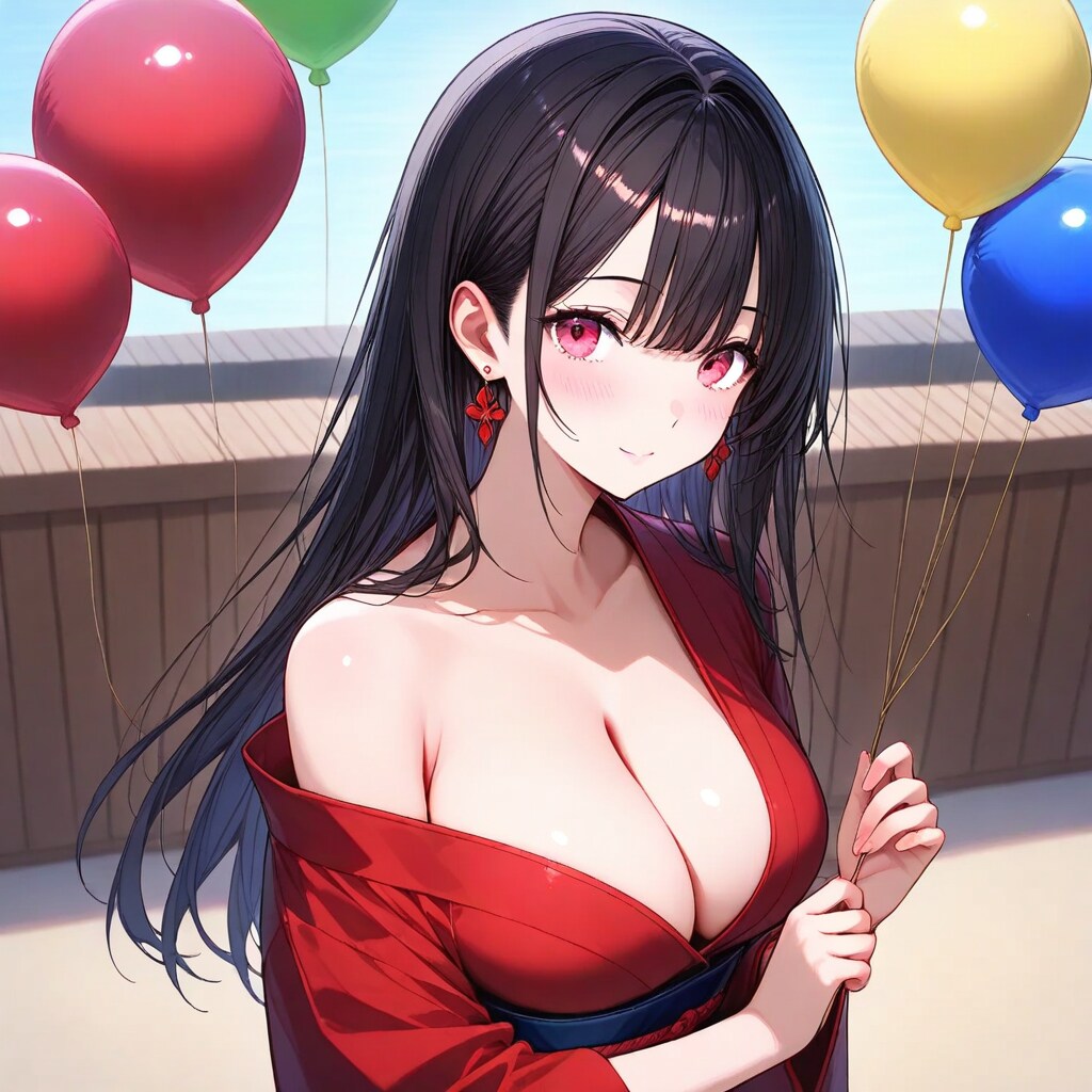 風船遊びをする黒髪ロングの着物美女