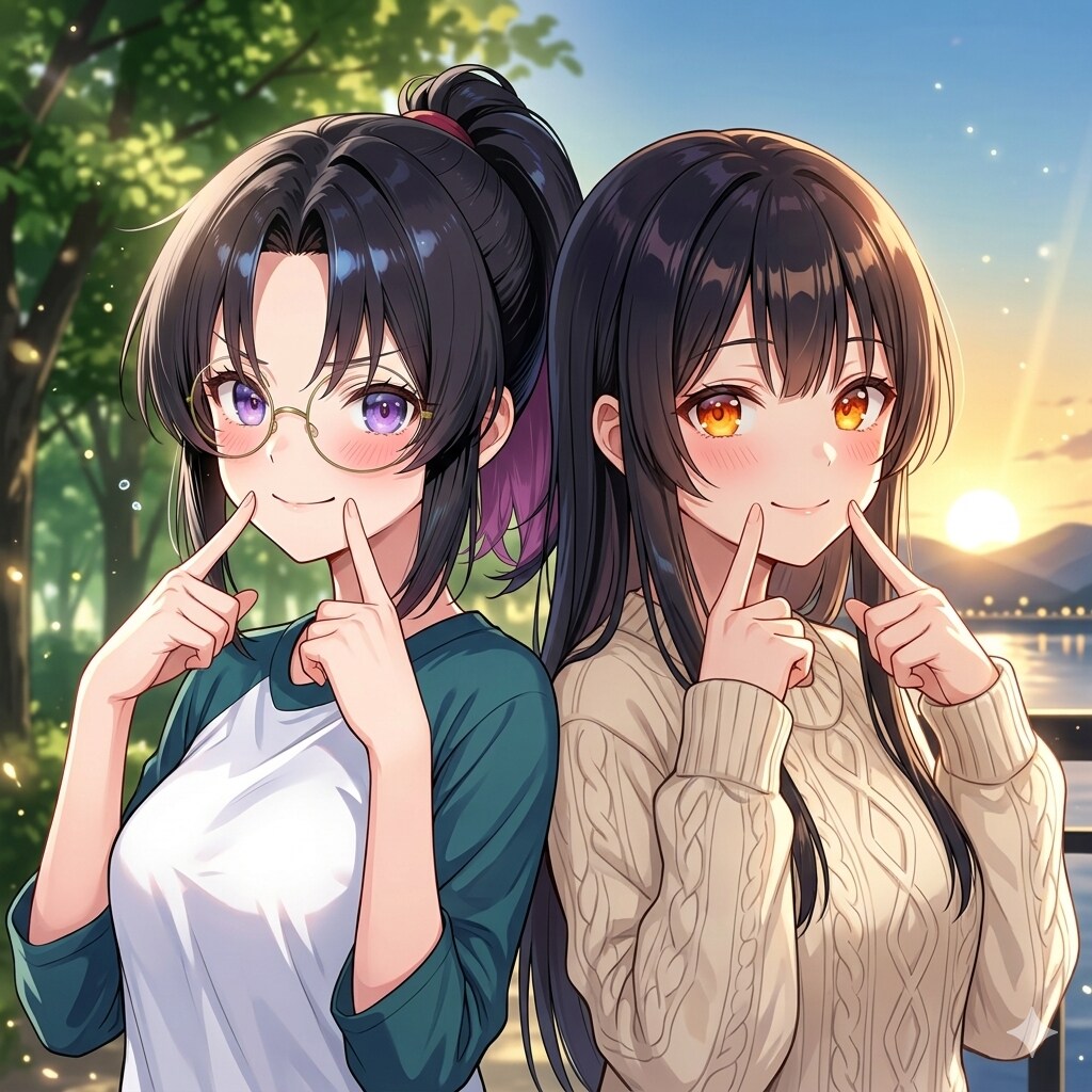 【うちの子御礼】ふうちゃんと指笑顔をする楓ちゃん