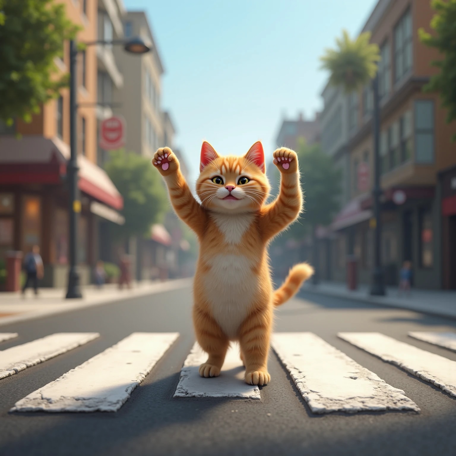 両手を挙げて横断歩道を渡る猫 | の人気AIイラスト・グラビア
