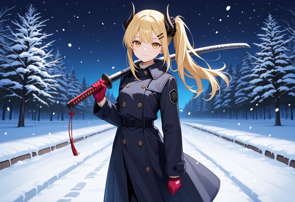 冬の雪道と女鬼高生さん