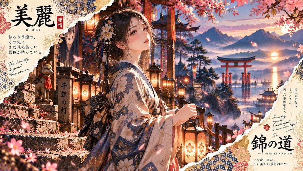 Lanterns of Nishiki no Michi  A serene evening where a woman in a traditional kimono holds a glowing