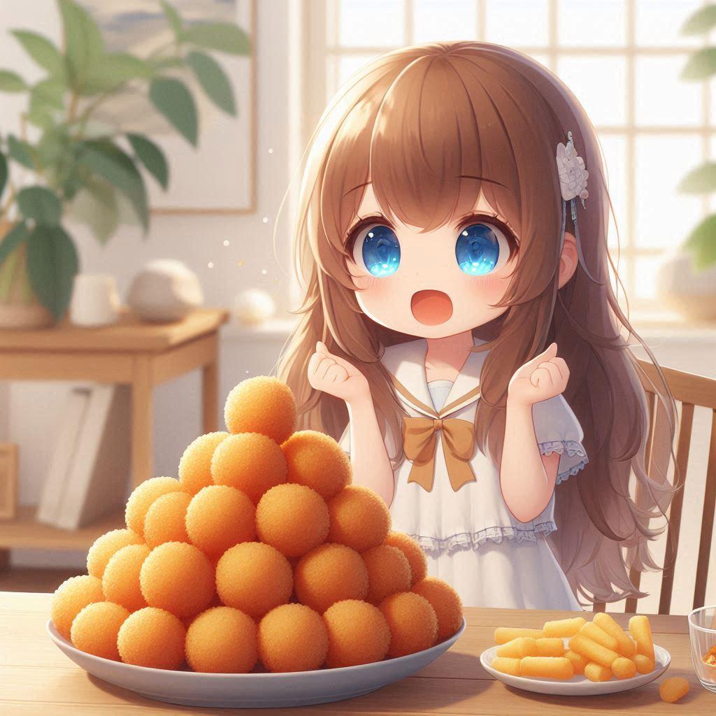 山盛りコロッケに喜ぶ小さな女の子